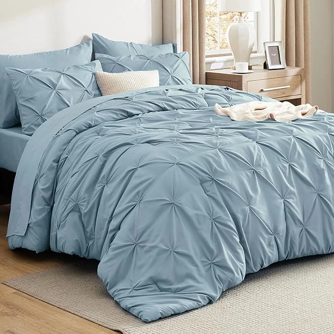 Powerful Bedsure Full Comforter Set Light Blue - Bed in a Bag Full Size Bedding Set 7 Pieces GentleSoft™ Pintuck Bed Set Gift for Family Pinch Pleat All Season Comforter with Sheets Pillowcases amp Shams Professional