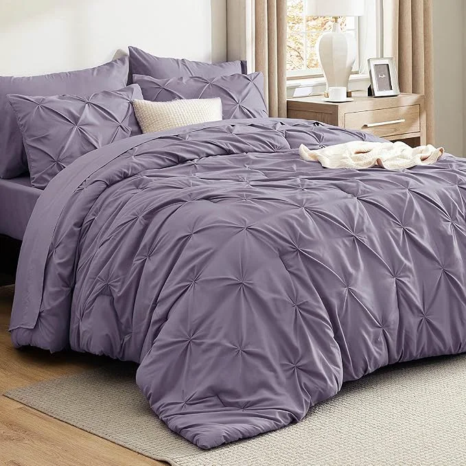 Solid Bedsure Queen Comforter Set - Bed in a Bag Queen Size Bedding 7 Pieces GentleSoft™ Pintuck Bed Set Gift for Family Pinch Pleat Grayish Purple Comforter with Sheets Pillowcases amp Shams