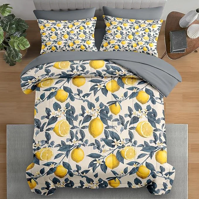Original Design Comforter Set King Size Fruit Lemons Blue 7 Pcs Bedding for Kids and Adults Leaves Brown Flower Bed Sheet Sets with Fitted Sheet 2 Pillowcase amp 2 Sham for Bedroom Bed Decor Certified