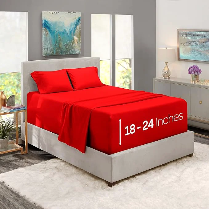 Green Nestl Full Size Sheet Set 4 Piece Extra Deep Pocket 18-24 inches Microfiber Hotel Luxury Soft Breathable Wrinkle- Easy to Care Red Solid