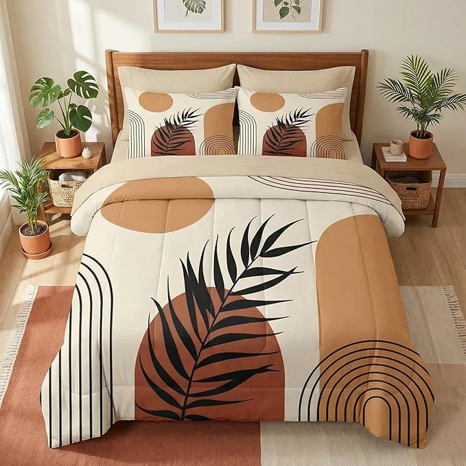 Reusable Comforter Set Twin Size Boho Mid Century 5 Pcs Bedding for Kids and Adults Sun Orange Leaves Bed Sheet Sets with Fitted Sheet Pillowcase amp Sham for Bedroom Bed Decor Durable