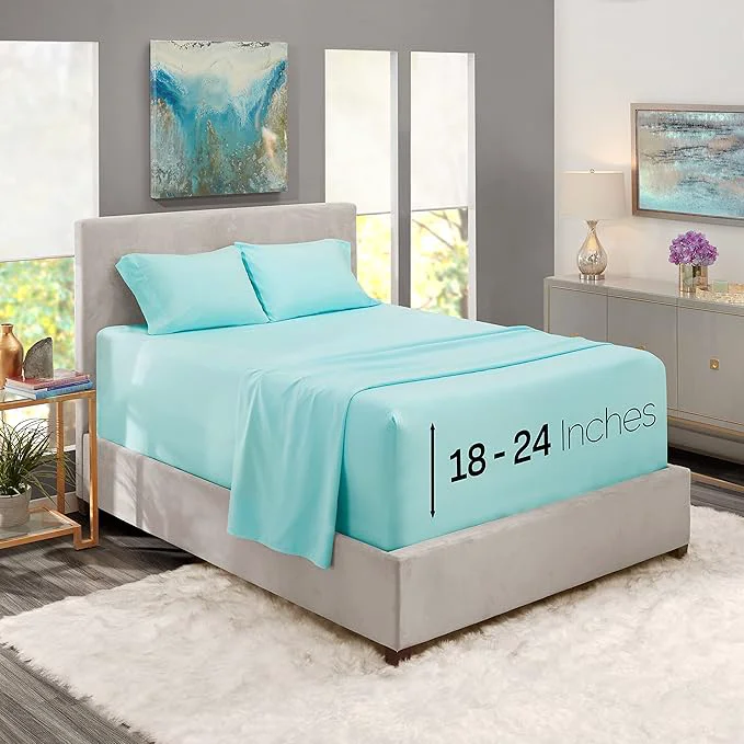 Durable Nestl California King Size Sheet Set 4 Piece Extra Deep Pocket 18-24 inches Microfiber Hotel Luxury Soft Breathable Wrinkle- Easy to Care Light Blue Responsible