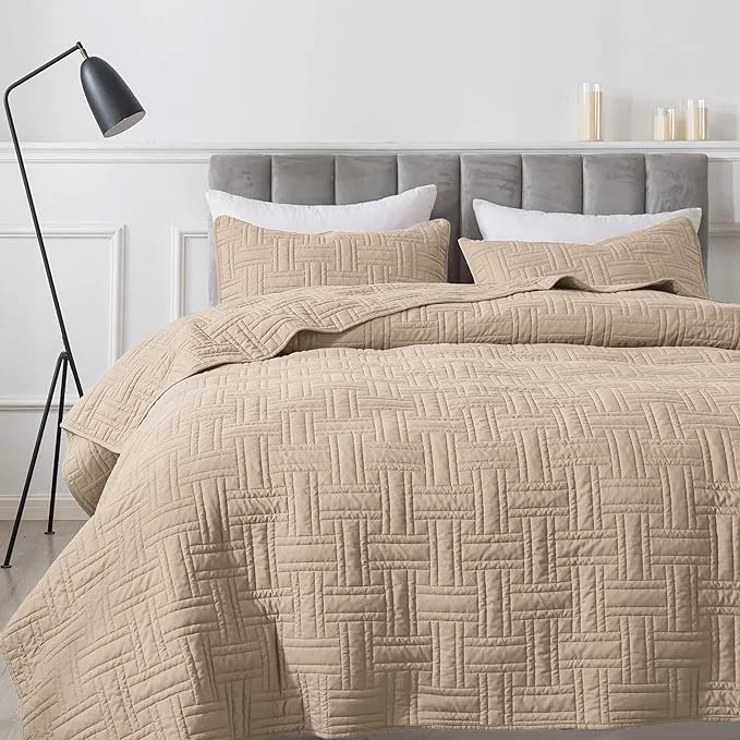 Fine Crafted Beige Quilt Queen Size Bedding Sets with Pillow Shams Cream Tan Lightweight Soft Bedspread Coverlet Basket Weave Quilted Blanket Thin Comforter Bed Cover for All Season 3 Pieces 90x90 inches Convenient