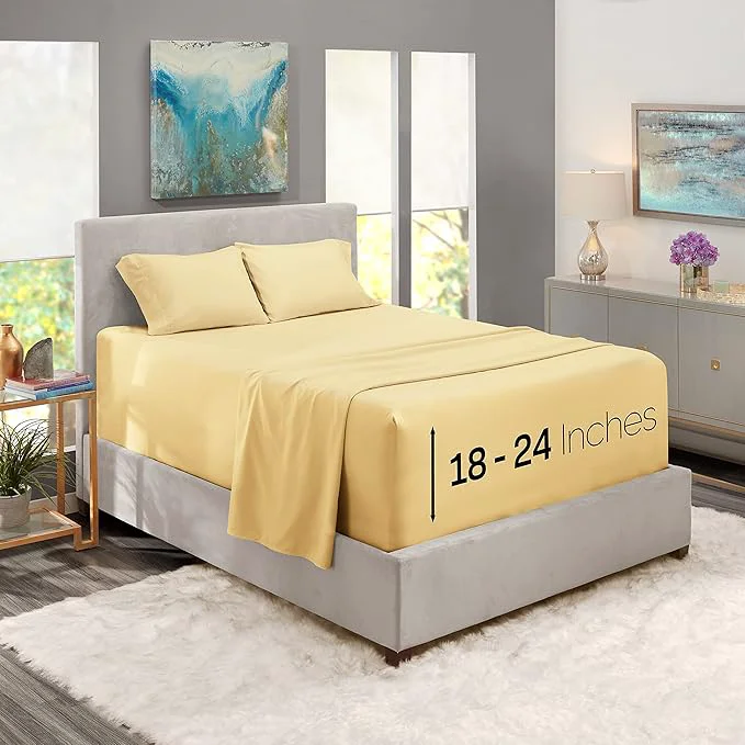 Comfortable Nestl Queen Size Sheet Set 4 Piece Extra Deep Pocket 18-24 inches Microfiber Hotel Luxury Soft Breathable Wrinkle- Easy to Care Vanilla Yellow Sophisticated