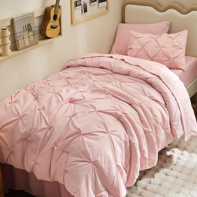 Secure Bedsure Twin XL Comforter Set - Extra Long 5 Pieces Dorm Bedding Sets Pinch Pleat Pink Bed in a Bag with Comforter Sheets Pillowcase amp Sham Comfortable