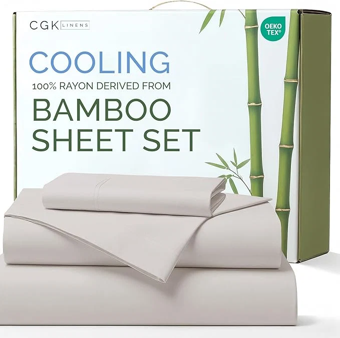Quality Bed Sheets Twin Size - Cooling Sheets for Twin - Rayon Derived from Bamboo - Soft Breathable amp Hotel Luxury Bedding - 1 Flat amp 1 Fitted and 2 Pillowcases w 16 Inch Deep Pockets - Light Grey Solid