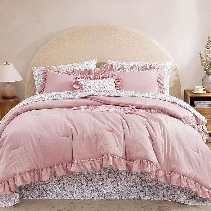 Next-Generation Queen Comforter Set - 7 Pieces Ruffle Soft Pink Bedding Sets Shabby Chic Farmhouse Bed in a Bag Queen with Ruffle Comforter Floral Sheets Pillowcases amp Shams Functional