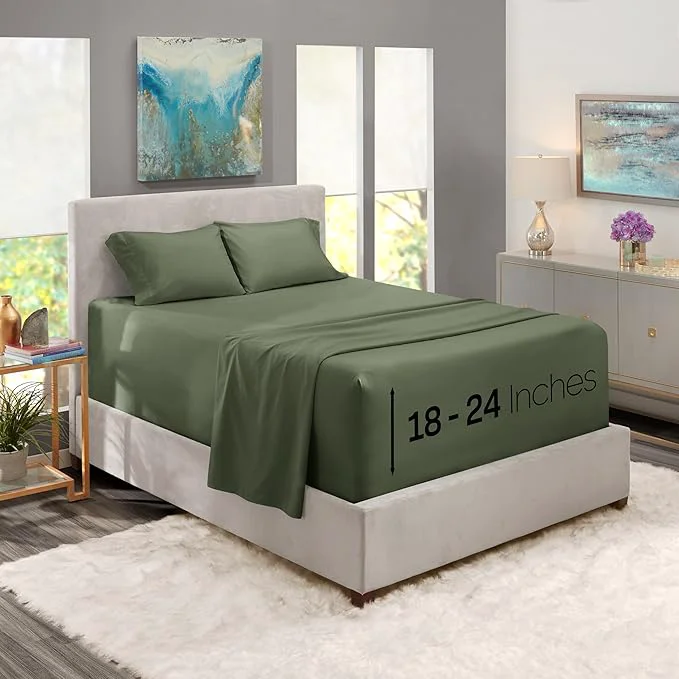 High-Performance Nestl California King Size Sheet Set 4 Piece Extra Deep Pocket 18-24 inches Microfiber Hotel Luxury Soft Breathable Wrinkle- Easy to Care Olive Green