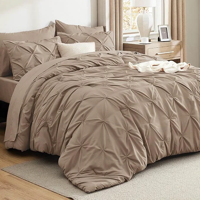 Consistent Bedsure California King Comforter Set Khaki - Bed in a Bag Cal King Bedding Set 7 Pieces GentleSoft™ Pintuck Bed Set Gift for Family Pinch Pleat Khaki Comforter with Sheets Pillowcases amp Shams