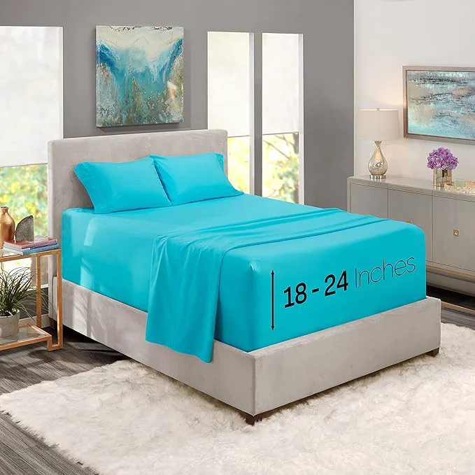 Easy-to-Use Nestl Queen Size Sheet Set 4 Piece Extra Deep Pocket 18-24 inches Microfiber Hotel Luxury Soft Breathable Wrinkle- Easy to Care Bright Blue