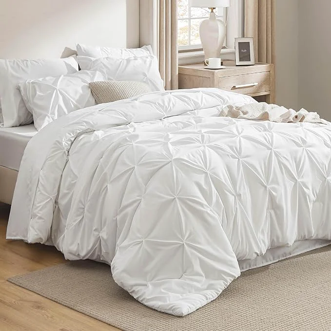 Genuine Bedsure California King Comforter Set White - Bed in a Bag Cal King Bedding Set 7 Pieces GentleSoft™ Pintuck Bed Set Gift for Family Pinch Pleat White Comforter with Sheets Pillowcases amp Shams Clean