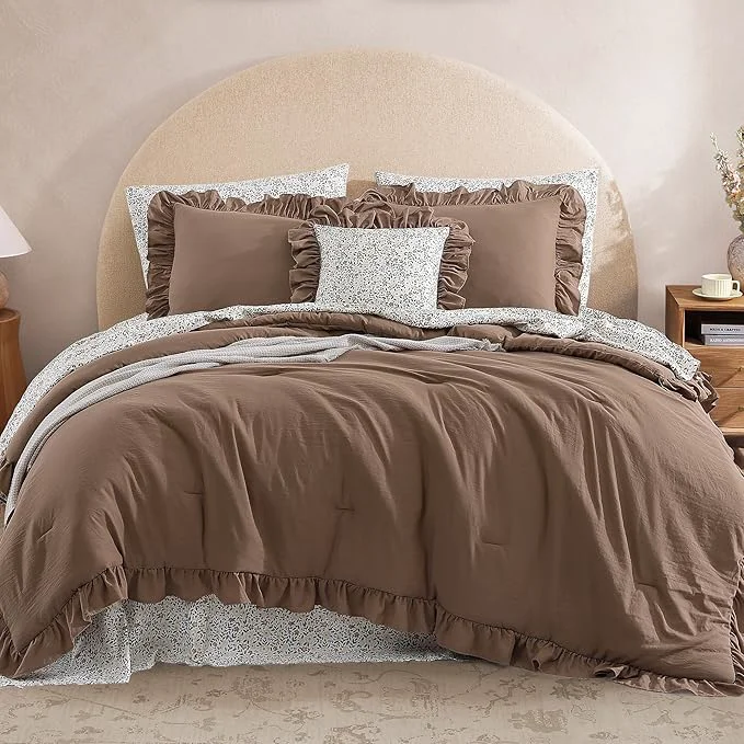 Efficient California King Comforter Set - 7 Pieces Ruffle Amber Brown Bedding Sets Shabby Chic Farmhouse Bed in a Bag with Ruffle Comforter Floral Sheets Pillowcases amp Shams Traditional