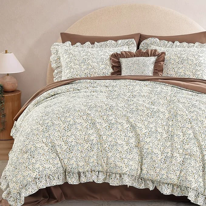 Secure Full Comforter Set - 7 Pieces Ruffle Beige Ditzy Bedding Sets Shabby Chic Farmhouse Bed in a Bag Full with Floral Comforter Sheets Pillowcases amp Shams Reusable