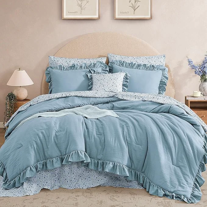 Professional Oversized King Comforter Set - 7 Pieces Ruffle Blue Bedding Sets Shabby Chic Farmhouse Bed in a Bag with Ruffle Comforter Floral Sheets Pillowcases amp Shams Innovative