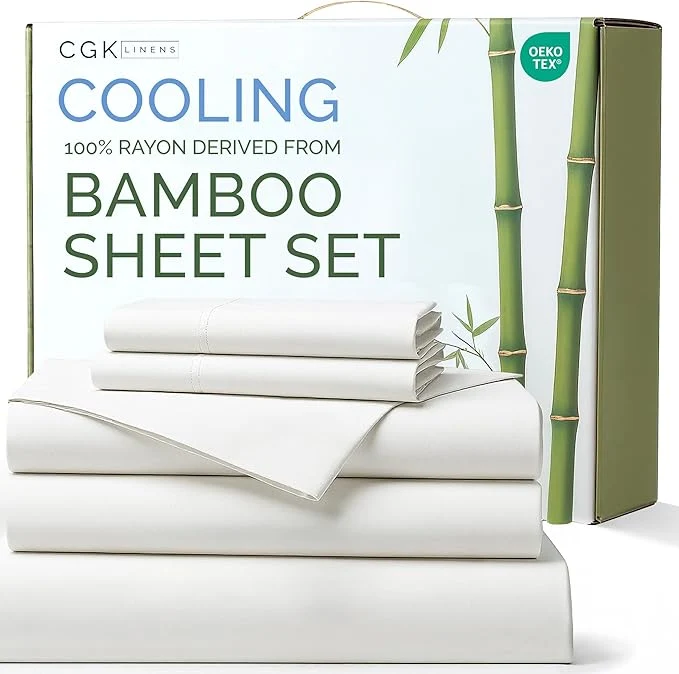Professional Rayon Derived From Bamboo - Sheets Split King Size - Cooling Sheets for Split King - Ultra Soft Hotel Luxury Bedding - 1 Flat amp 2 Fitted amp 2 Pillowcases with 16 Inch Deep Pockets - White Premium Material