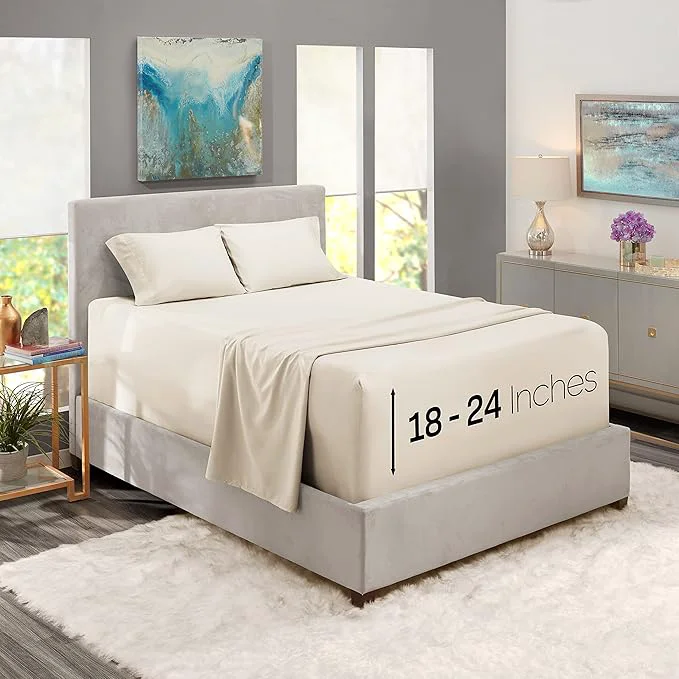 Unique Nestl King Size Sheet Set 4 Piece Extra Deep Pocket 18-24 inches Microfiber Hotel Luxury Soft Breathable Wrinkle- Easy to Care Off White Reusable