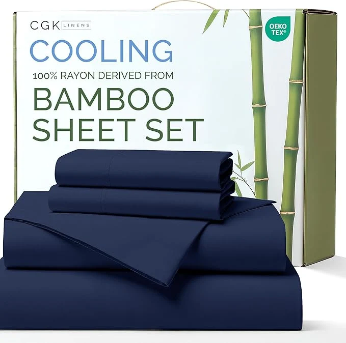 Enhanced Rayon Derived From Bamboo - Bamboo Sheets King Size - Cooling Sheets for King - Soft Breathable amp Hotel Luxury Bedding - 1 Flat amp 1 Fitted amp 2 Pillowcases with 16 Inch Deep Pockets - Navy Blue High-Performance