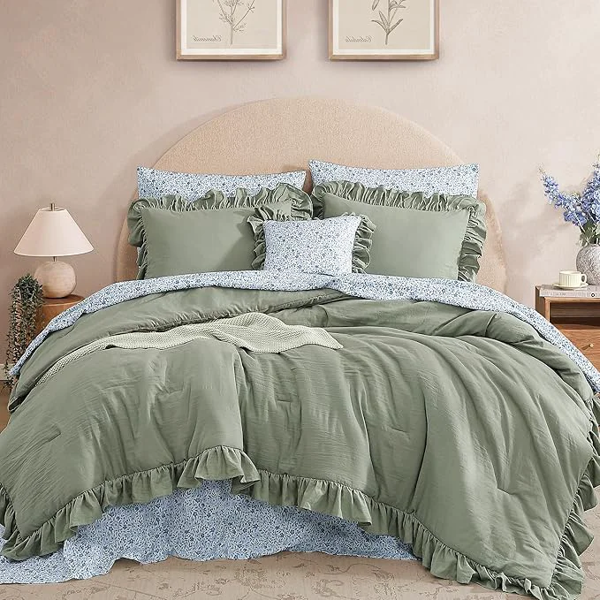 Elegant Oversized Queen Comforter Set - 7 Pieces Ruffle Sage Leaf Bedding Sets Shabby Chic Farmhouse Bed in a Bag with Ruffle Comforter Floral Sheets Pillowcases amp Shams First-Class