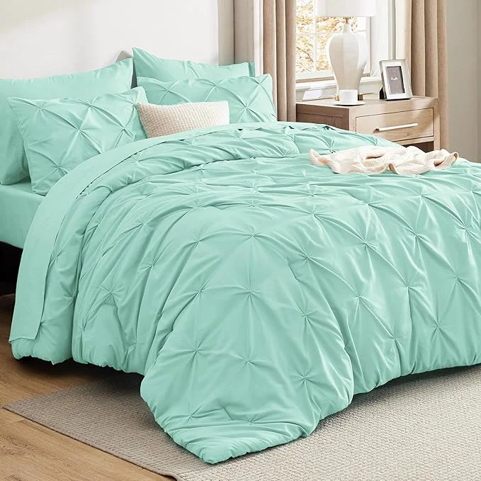 Modern Bedsure King Size Comforter Set Mint Green - Bed in a Bag Bedding Set 7 Pieces GentleSoft™ Pintuck Bed Set Gift for Family Pinch Pleat Mint Green Comforter with Sheets Pillowcases amp Shams