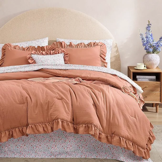 Powerful King Comforter Set - 7 Pieces Ruffle Autumn Leaf Bedding Sets Shabby Chic Farmhouse Bed in a Bag King with Ruffle Comforter Floral Sheets Pillowcases amp Shams Green