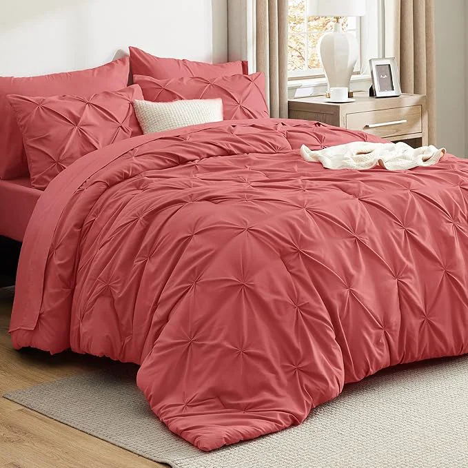 Relaxed Bedsure Queen Comforter Set Coral Red - Bed in a Bag Queen Size Bedding 7 Pieces GentleSoft™ Pintuck Bed Set Gift for Family Pinch Pleat All Season Comforter with Sheets Pillowcases amp Shams Contemporary