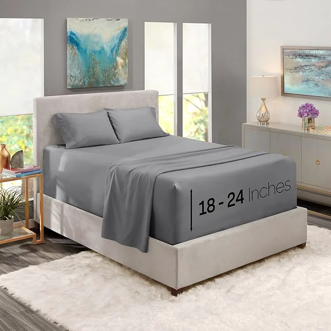 Unique Nestl Twin Size Sheet Set 4 Piece Extra Deep Pocket 18-24 inches Microfiber Hotel Luxury Soft Breathable Wrinkle- Easy to Care Grey Elite