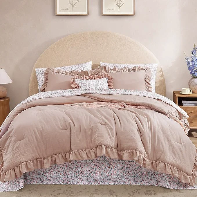Versatile Full Comforter Set - 7 Pieces Ruffle Pink Bedding Sets Shabby Chic Farmhouse Bed in a Bag Full with Ruffle Comforter Floral Sheets Pillowcases amp Shams Stylish
