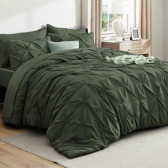 Consistent Bedsure California King Comforter Set Olive Green - Bed in a Bag Cal King Bedding Set 7 PCS GentleSoft™ Pintuck Bed Set Gift for Family Pinch Pleat Green Comforter with Sheets Pillowcases amp Shams Versatile