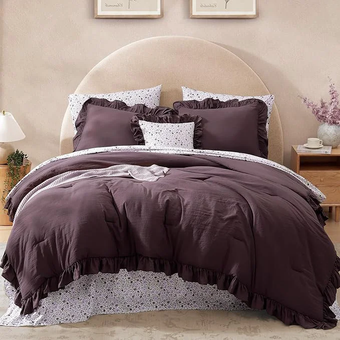 Sustainable Oversized Queen Comforter Set - 7 Pieces Ruffle Dark Purple Bedding Sets Shabby Chic Farmhouse Bed in a Bag with Ruffle Comforter Floral Sheets Pillowcases amp Shams Authentic