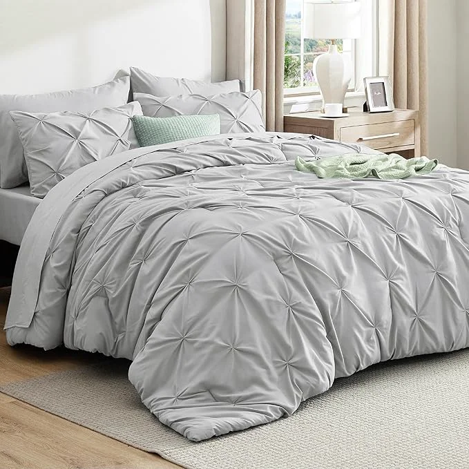 World-Class Bedsure Twin XL Comforter Set - Extra Long 5 Pieces Dorm Bedding Sets GentleSoft™ Pinch Pleat Light Grey Bed in a Bag with Pintuck Comforter Sheets Pillowcase amp Sham Long-Lasting
