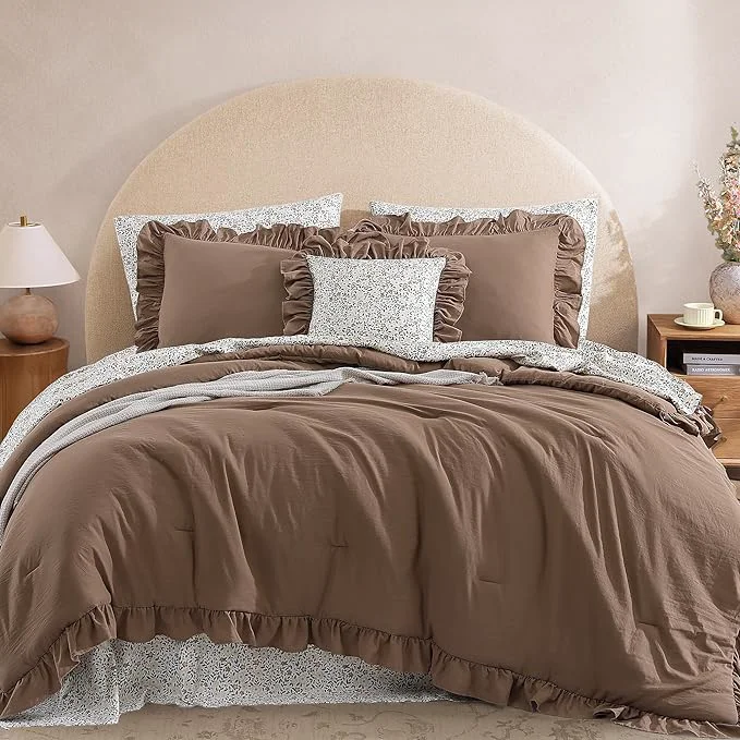Smart King Comforter Set - 7 Pieces Ruffle Amber Brown Bedding Sets Shabby Chic Farmhouse Bed in a Bag with Ruffle Comforter Floral Sheets Pillowcases amp Shams Safe
