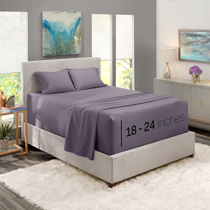 Prestigious Nestl California King Size Sheet Set 4 Piece Extra Deep Pocket 18-24 inches Microfiber Hotel Luxury Soft Breathable Wrinkle- Easy to Care Grayish Purple Sustainable