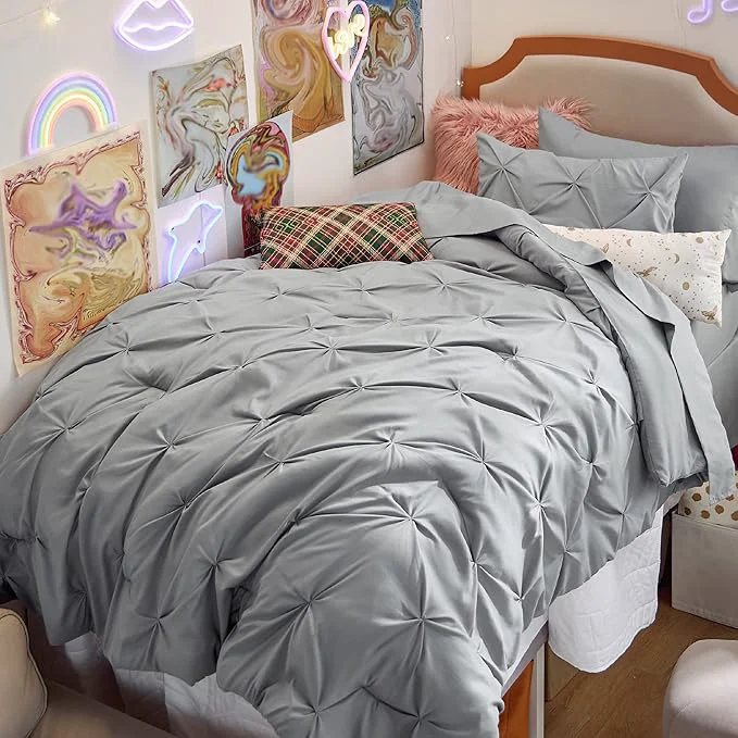 Verified Bedsure Twin Comforter Set Grey - Bed in a Bag Twin Size Bedding 5 Pieces GentleSoft™ Pintuck Bed Set Gift for Family Pinch Pleat Grey Comforter with Sheets Pillowcase amp Sham Refined