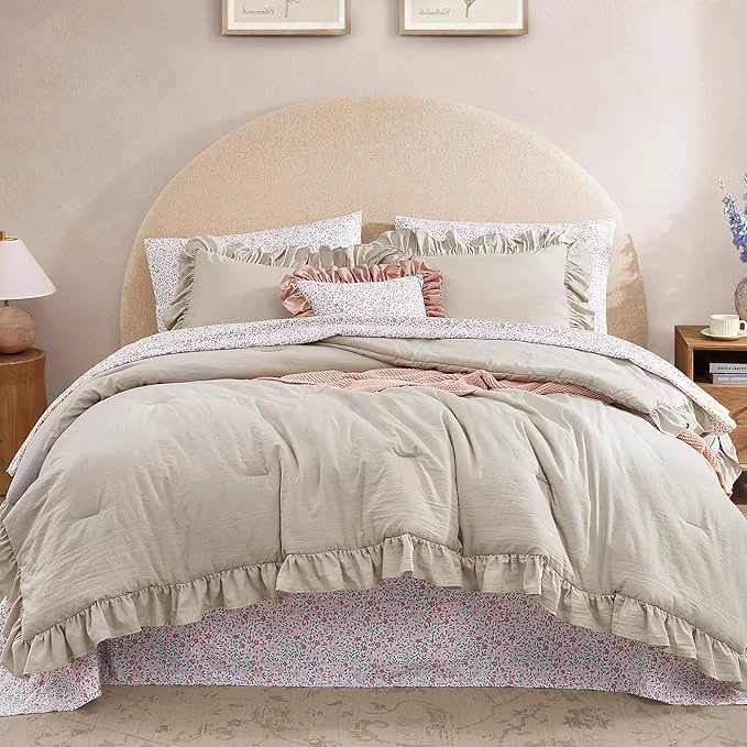 Advanced Full Comforter Set - 7 Pieces Ruffle Beige Bedding Sets Shabby Chic Farmhouse Bed in a Bag Full with Ruffle Comforter Floral Sheets Pillowcases amp Shams Unique