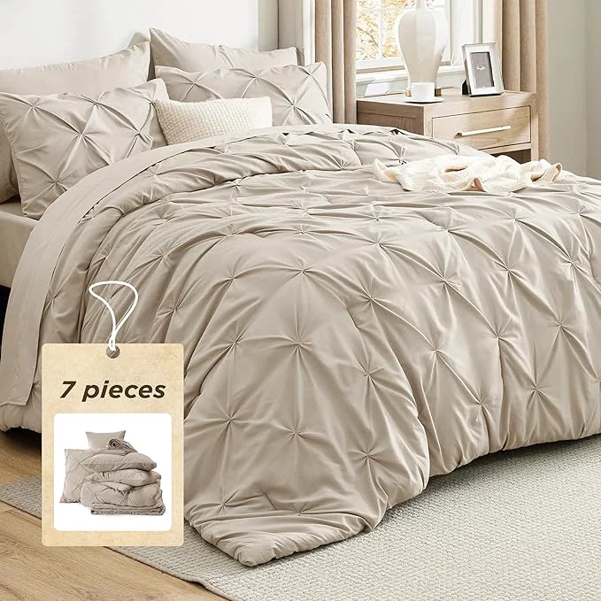 Versatile Bedsure Queen Comforter Set Beige - Bed in a Bag Queen Size Bedding 7 Pieces GentleSoft™ Pintuck Bed Set Gift for Family Pinch Pleat All Season Comforter with Sheets Pillowcases amp Shams Sophisticated