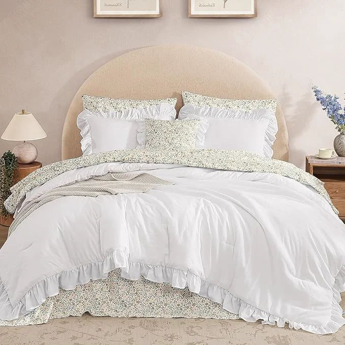 Safe Twin XL Comforter Set - 5 Pieces Ruffle White Bedding Sets Shabby Chic Farmhouse Bed in a Bag Twin XL with Ruffle Comforter Floral Sheets Pillowcases amp Shams Next-Generation