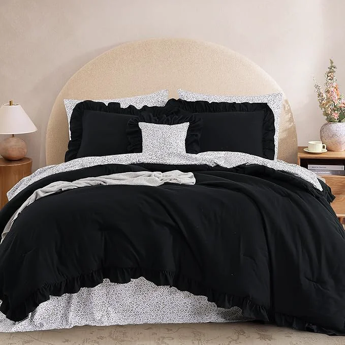 Original Design King Comforter Set - 7 Pieces Ruffle Black Bedding Sets Shabby Chic Farmhouse Bed in a Bag King with Ruffle Comforter Floral Sheets Pillowcases amp Shams Expertly Made