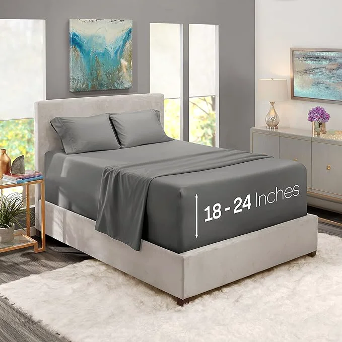 Safe Nestl Twin XL Size Sheet Set 3 Piece Extra Deep Pocket 18-24 inches Microfiber Hotel Luxury Soft Breathable Wrinkle- Easy to Care Grey Relaxed