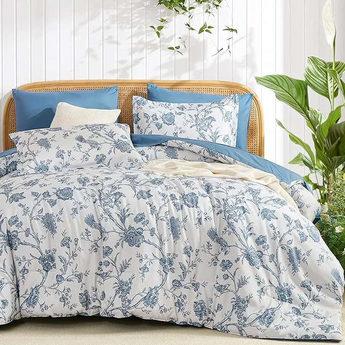 High-Quality Luxudecor Floral Comforter Set King Size 7 Pieces Blue Flower with Bird Bed in a Bag Soft Reversible Comforter with Sheet Bed Set 104 quot x90 quot Efficient