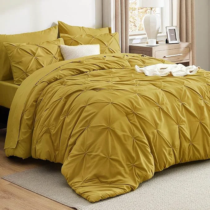 Elegant Bedsure Full Comforter Set Mustard Yellow - Bed in a Bag Full Size Bedding Set 7 Pieces GentleSoft™ Pintuck Bed Set Gift for Family Pinch Pleat All Season Comforter with Sheets Pillowcases amp Shams Proven