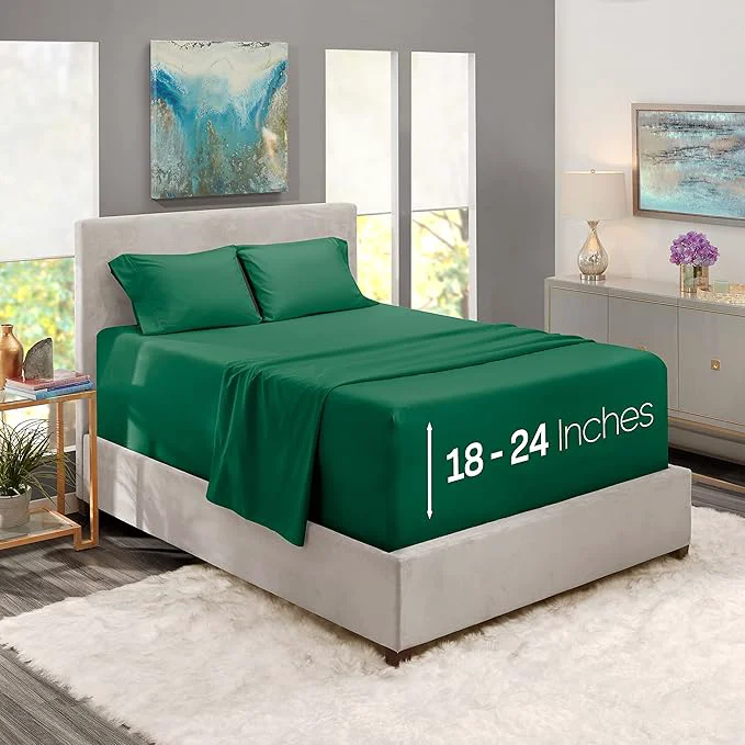 High-End Nestl Twin XL Size Sheet Set 4 Piece Extra Deep Pocket 18-24 inches Microfiber Hotel Luxury Soft Breathable Wrinkle- Easy to Care Dark Green Optimized
