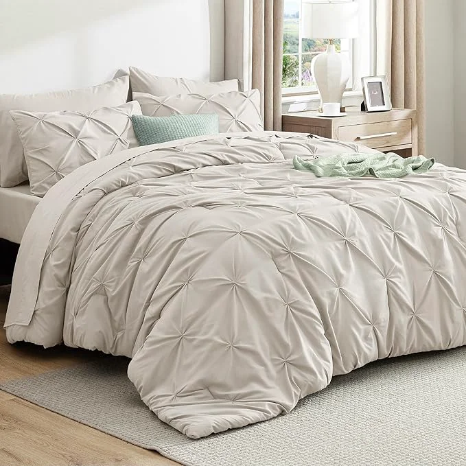 Modern Bedsure Twin Comforter Set Linen - Bed in a Bag Twin Size Bedding 5 Pieces GentleSoft™ Pintuck Bed Set Gift for Family Pinch Pleat All Season Comforter with Sheets Pillowcases amp Shams Consistent