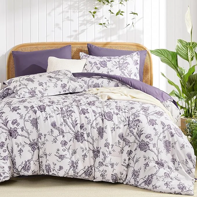 Fashionable Luxudecor Floral Comforter Set Queen Size 7 Pieces Purple Flower with Bird Bed in a Bag Soft Reversible Comforter with Sheet Bed Set 90 quot x90 quot Authentic