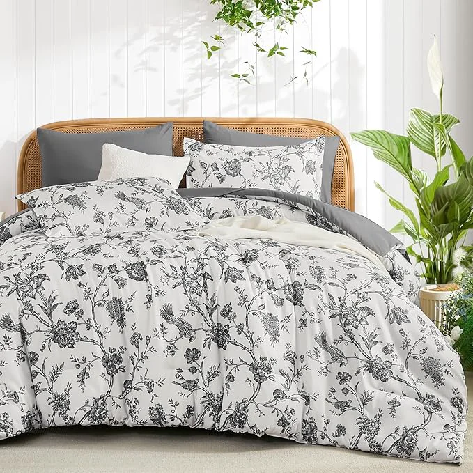 Responsible Luxudecor Floral Comforter Set King Size 7 Pieces Dark Grey Flower with Bird Bed in a Bag Soft Reversible Comforter with Sheet Bed Set 104 quot x90 quot Official