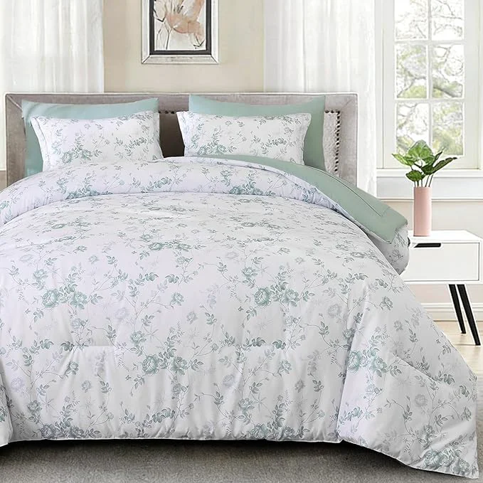 Sustainable Luxudecor Floral King Comforter Set 7 Pieces Bed in a Bag Green Rose Romantic Flower Bed Set Soft Reversible Comforter with Sheet Set 104 quot x90 quot Official