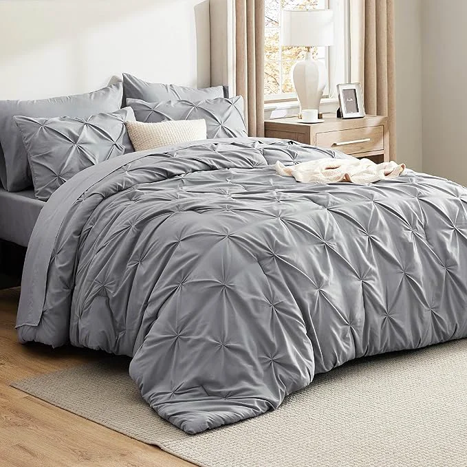 First-Class Bedsure California King Comforter Set Grey - Bed in a Bag Cal King Bedding Set 7 Pieces GentleSoft™ Pintuck Bed Set Gift for Family Pinch Pleat Grey Comforter with Sheets Pillowcases amp Shams Professional