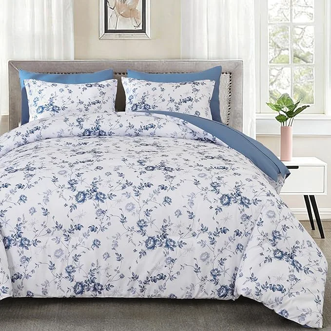 Lightweight Luxudecor Floral Queen Comforter Set 7 Pieces Bed in a Bag Blue Rose Romantic Flower Bed Set Soft Reversible Comforter with Sheet Set 90 quot x90 quot Versatile