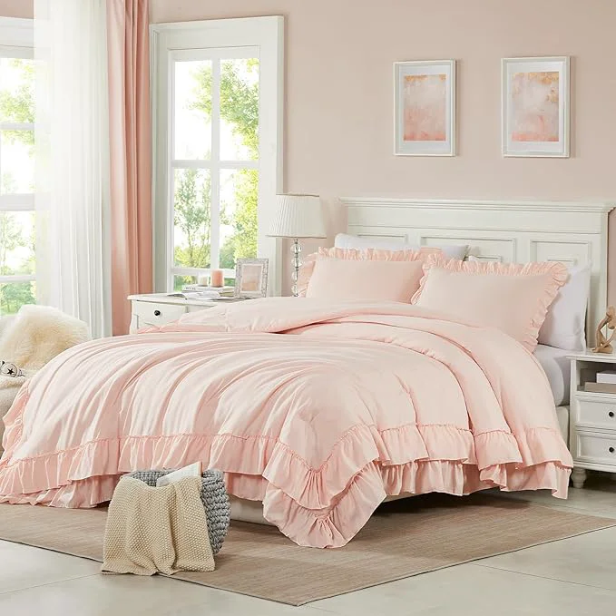 Fine Cupocupa Blush Full Comforter Set 3Pcs Ruffle Farmhouse Bedding Set with Comforter amp Pillowcases Soft Lightweight Fluffy Shabby Chic Comforter Set for All Season Use Blush F Fast