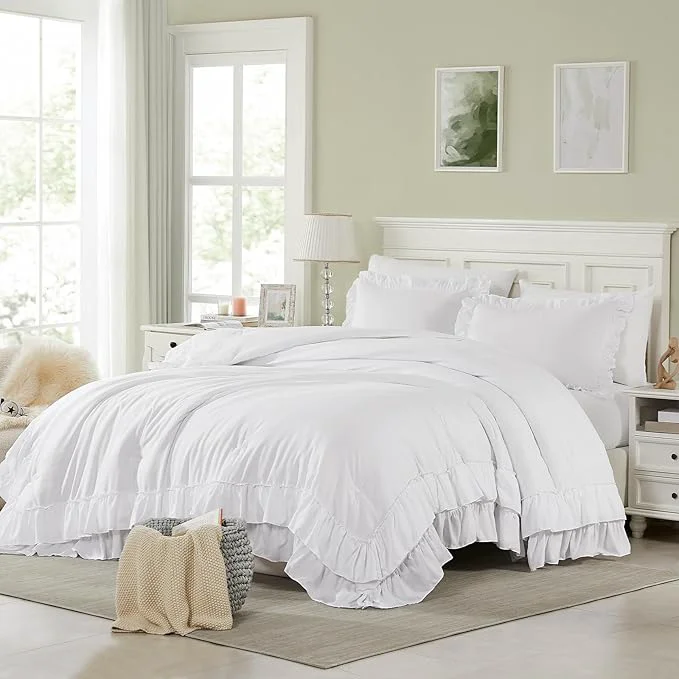 Selected Cupocupa White Queen Comforter Set 3Pcs Ruffle Comforters Queen Full Size Farmhouse Bedding Sets with Comforter Lightweight Fluffy Soft Shabby Chic Bedding Comforter Sets Fine