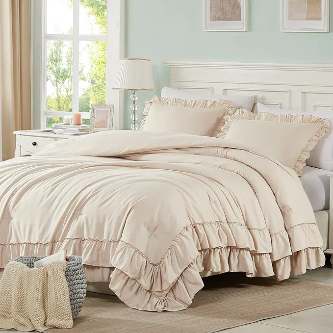 Safe Cupocupa Beige Comforter Set – Twin XL Ruffle Farmhouse Bedding Set – Shabby Chic Fluffy Comforter for All Seasons – Includes Comforter amp 1 Pillow Sham Beige Twin XL Twin Minimalist